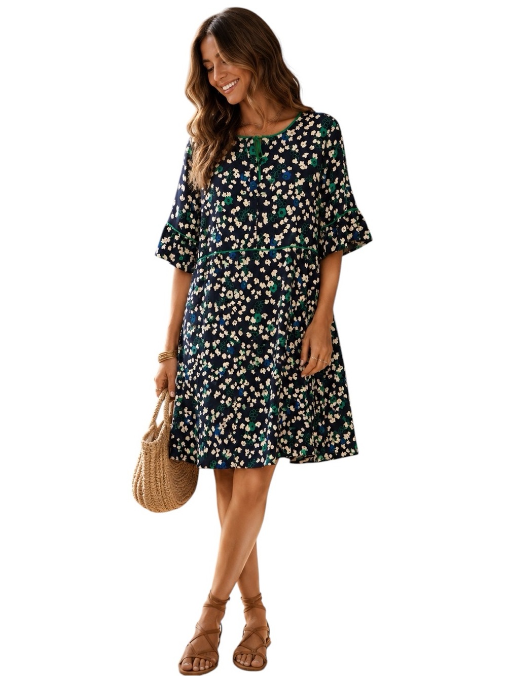 Hobbs London Floral Shift Dress Size US 14 Navy Green Ruffle Sleeve Spring Chic